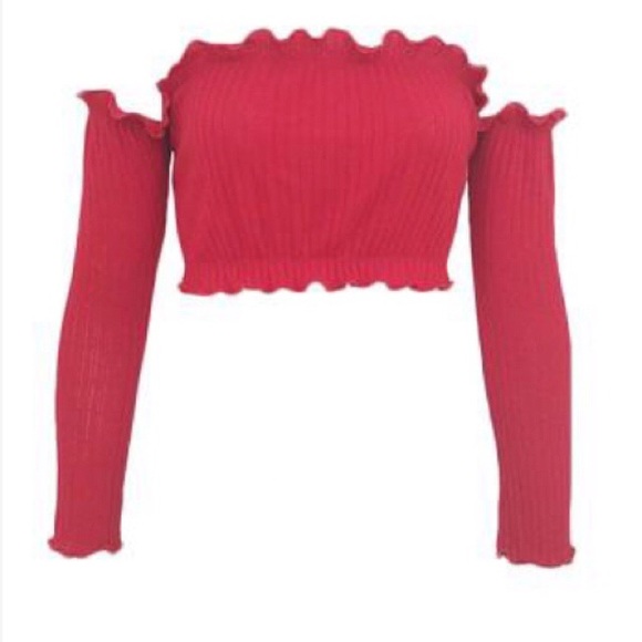 OFF SHOULDER RUFFLE LONG SLEEVE CROP TOP SIZE M - Picture 5 of 8
